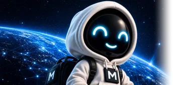 Улыбающийся маскот MUHAJEER выглядывает на фоне светящейся планеты